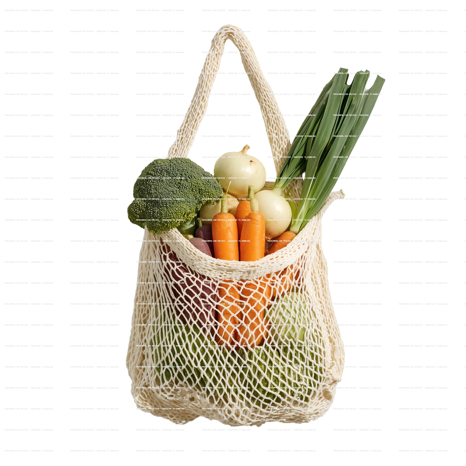 cotton mesh bag filled with fresh vegetables in white background