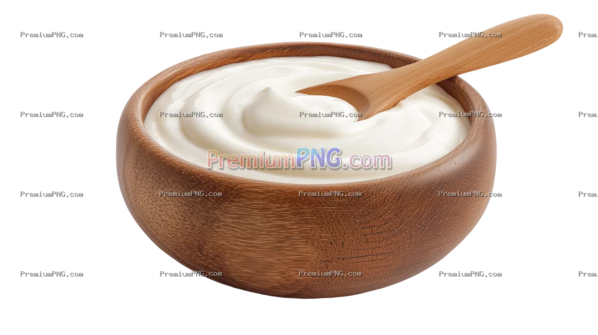 Creamy yogurt in wooden bowl with spoon isolated on white background