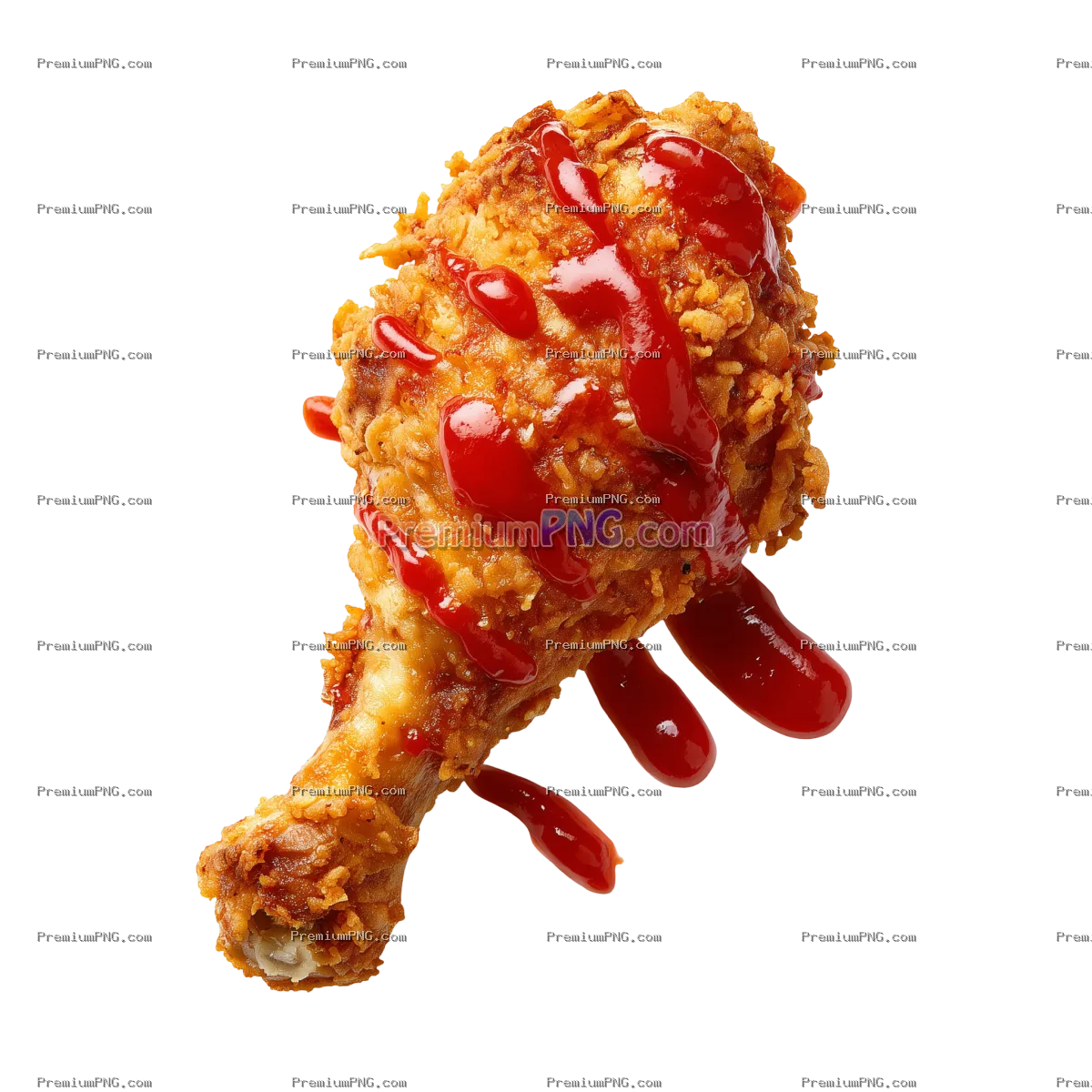 Crispy fried chicken drumstick drizzled with red ketchup isolated on transparent background