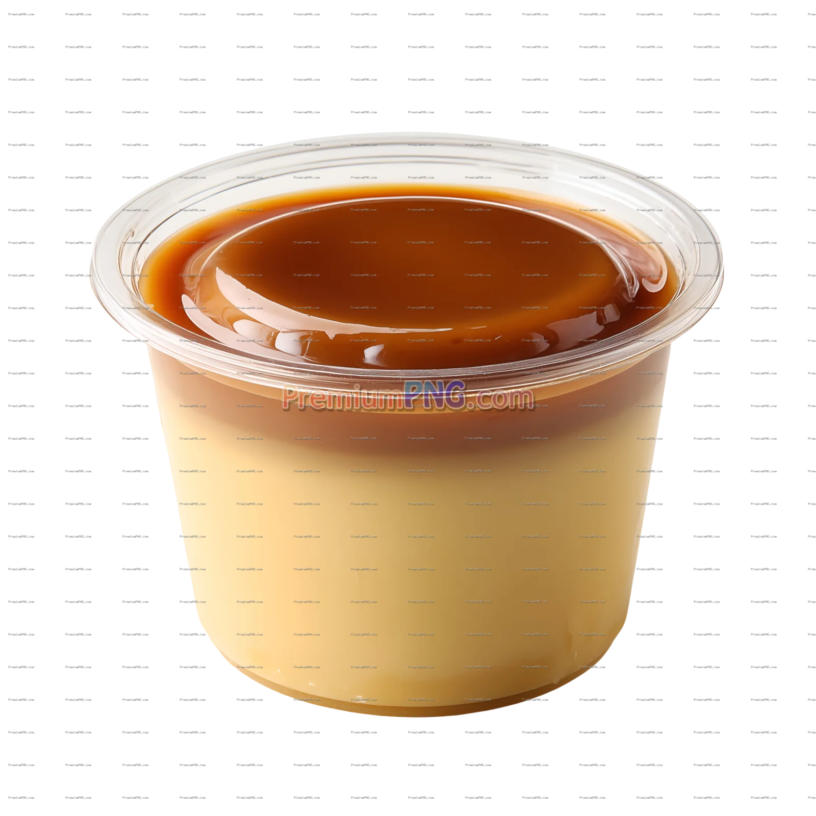 Delicious Caramel Pudding in Clear Plastic Cup PNG