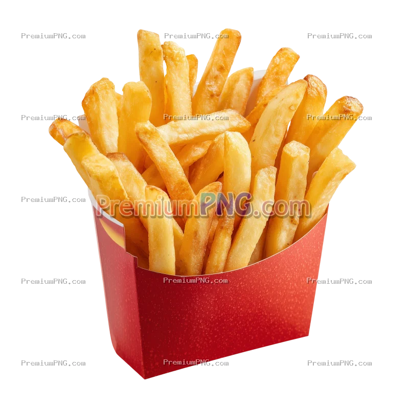 Delicious french potato fries in a red carton package box, cut out isolated