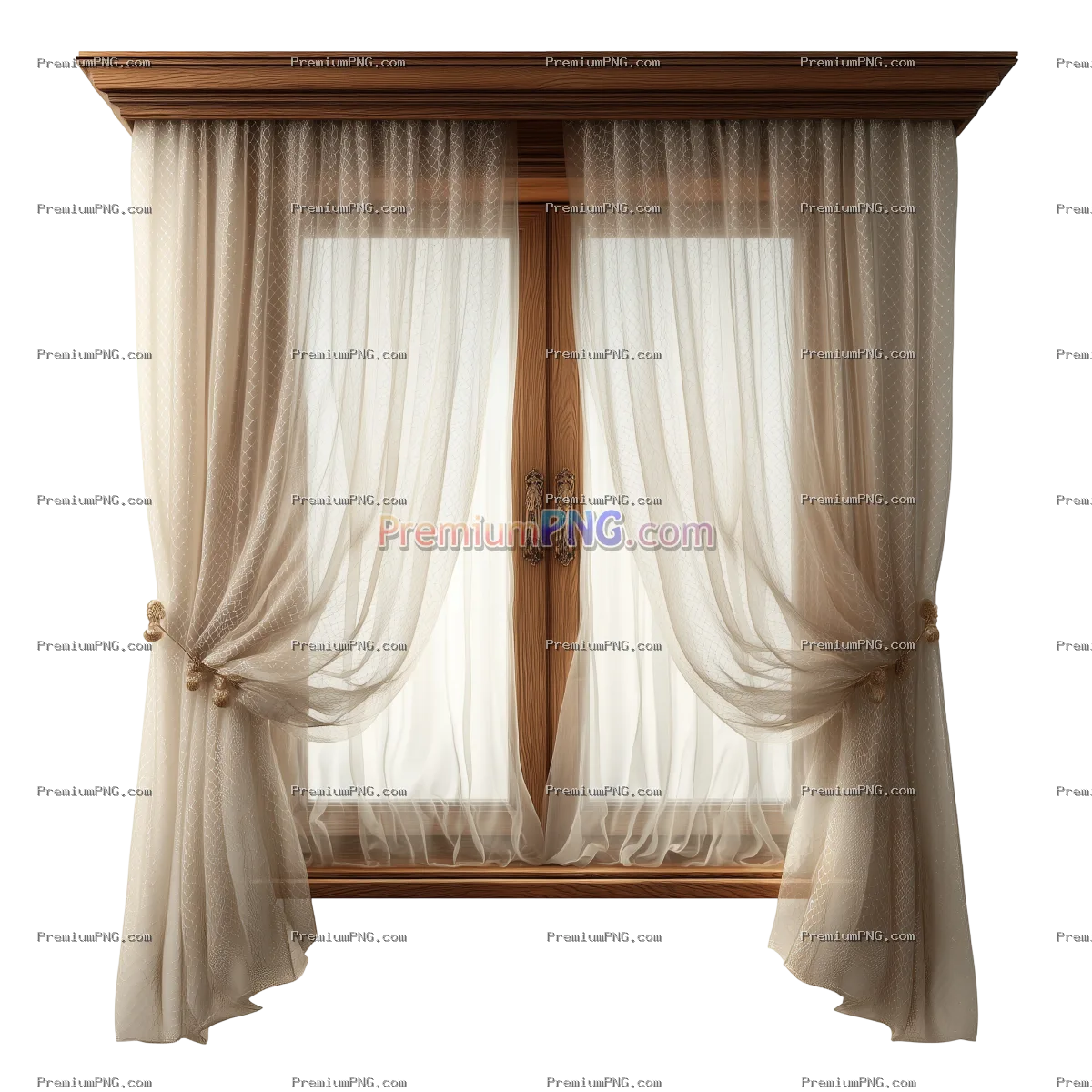Elegant wooden window with sheer curtains at home isolated on white background
