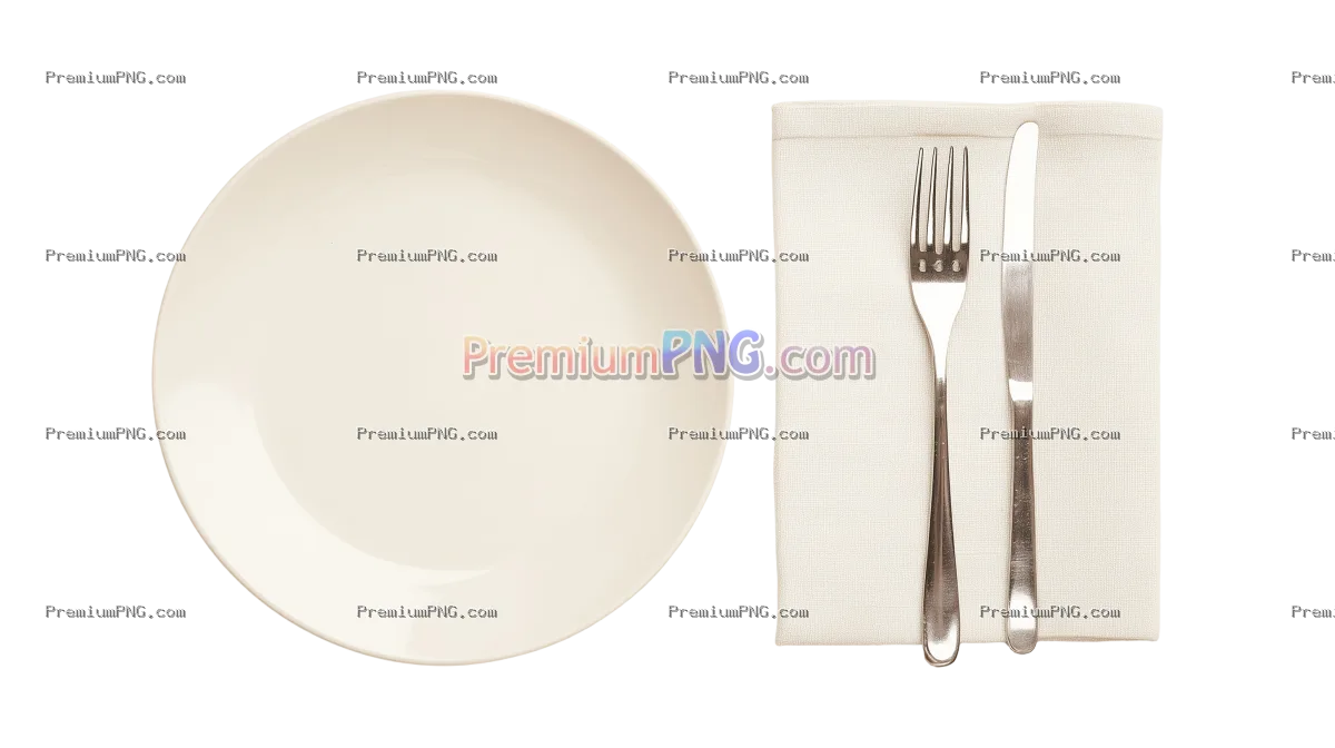 Empty Plate with Knife, Fork, and White Towel Isolated on Transparent Background