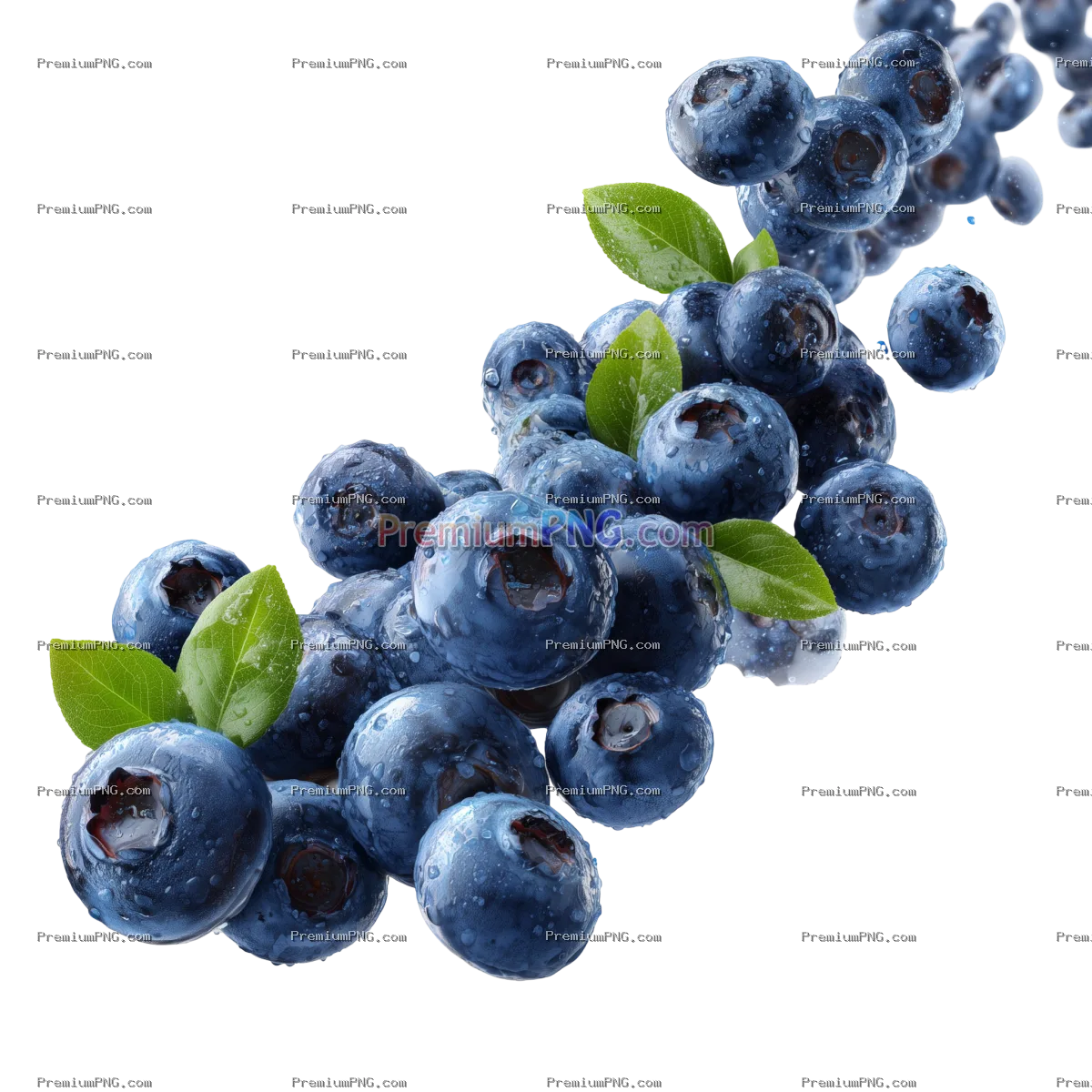 Falling blueberries isolated on white background