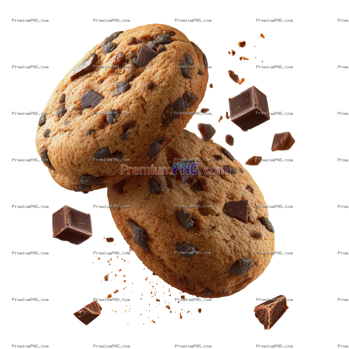 Flying Chocolate chip cookies with pieces of chocolate isolated on transparent background