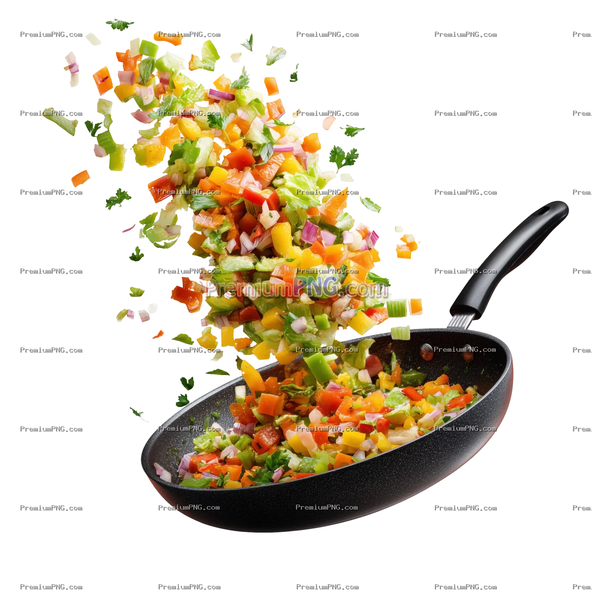 Fresh chopped vegetables mix flying in a pan, isolated on transparent background