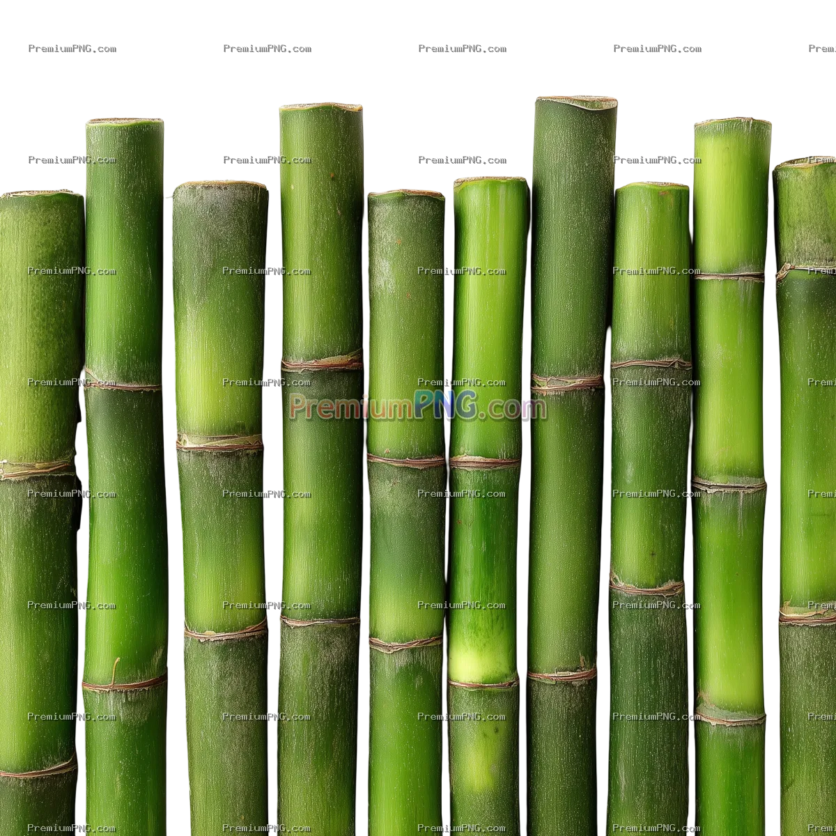 Fresh green bamboo stalks arranged in neat rows isolated on transparent background
