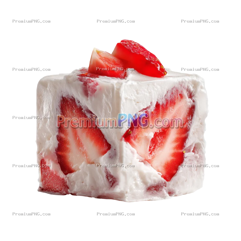 Frozen Yogurt Cube with Strawberry Pieces on White Background