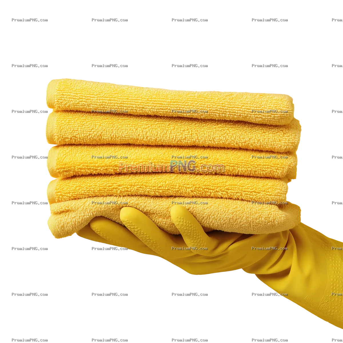 Gloved Hand Holding Folded Yellow Microfiber Towels