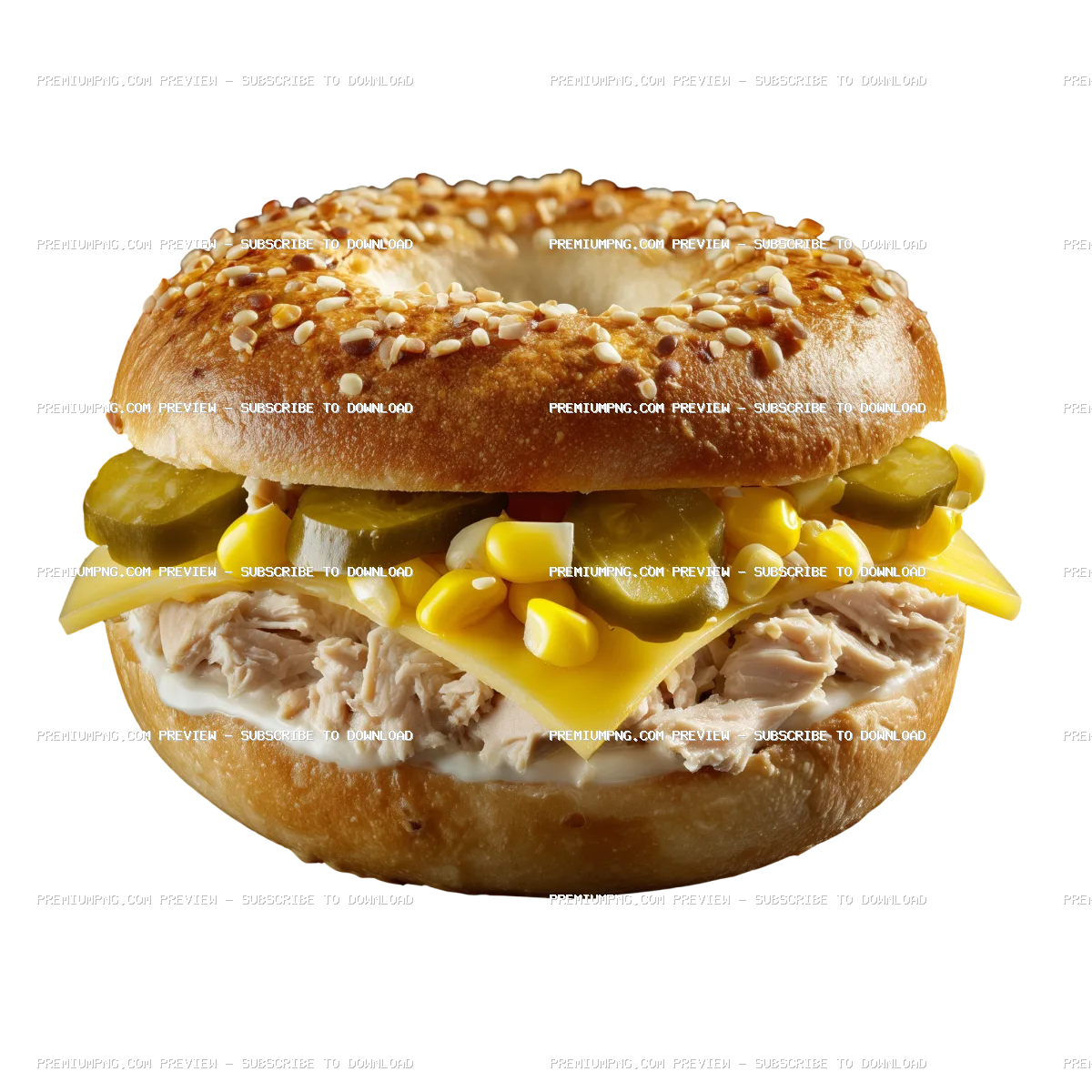 Gourmet Open-Face Tuna Bagel with Cheese, Corn, and Pickles – Isolated PNG