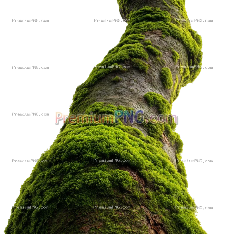 Green Moss Covered Tree Trunk Isolated on Transparent Background