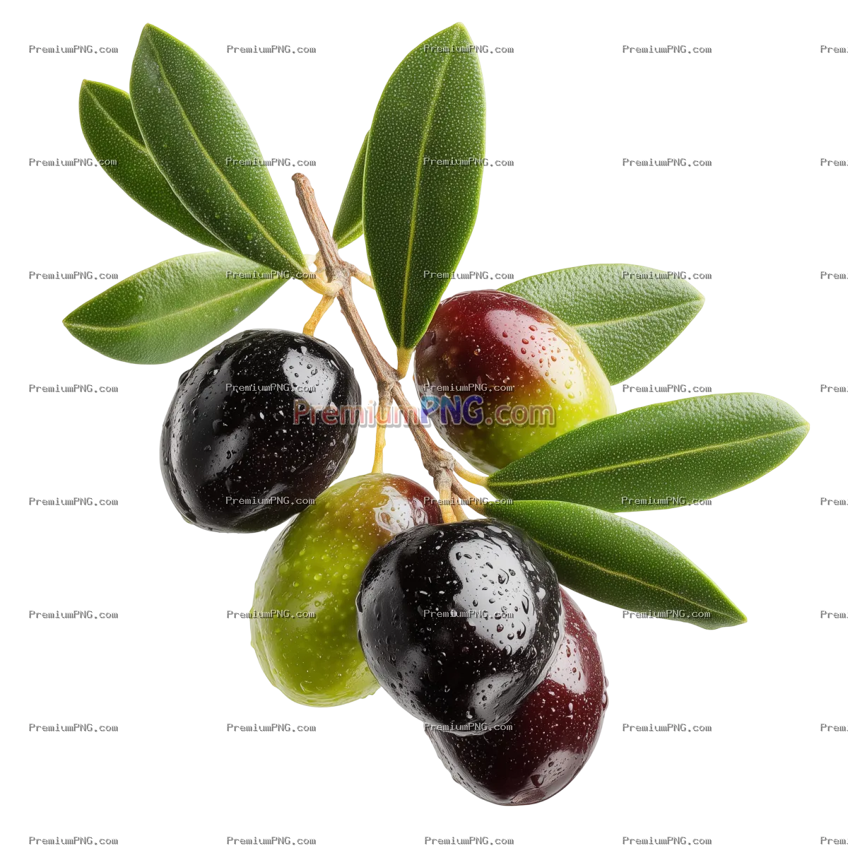 Green olives on branch with leaves