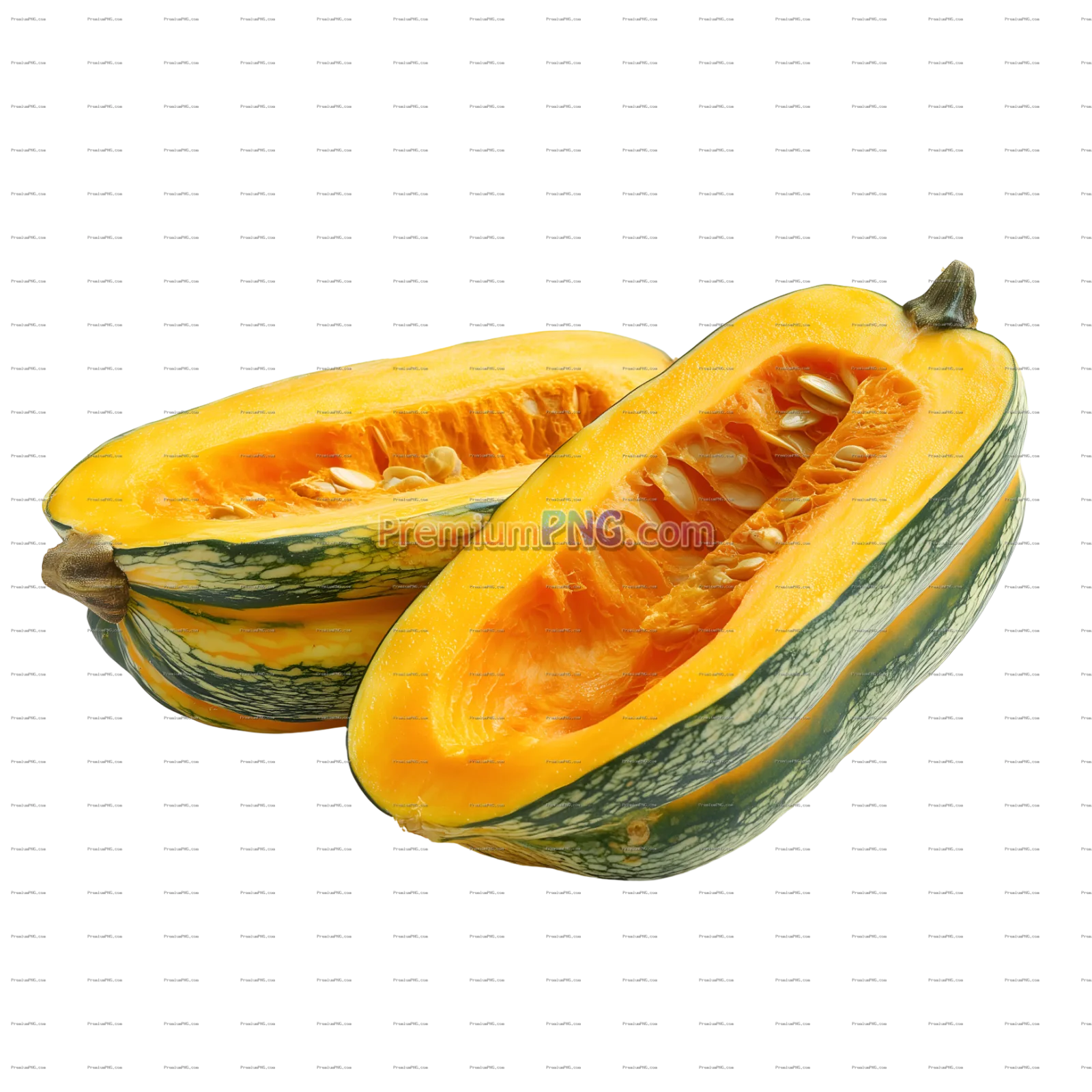 Halved Delicata Squash with Orange Flesh and Green Stripes