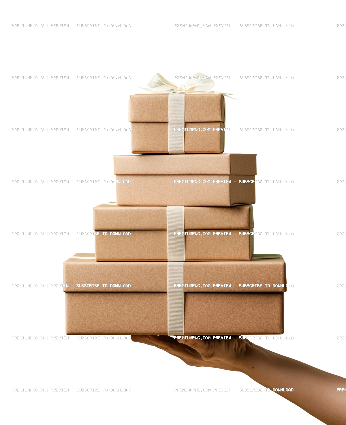 Hand Holding Large Brown Gift Box with White Ribbon PNG | Stacked Present Boxes Transparent Backgrou