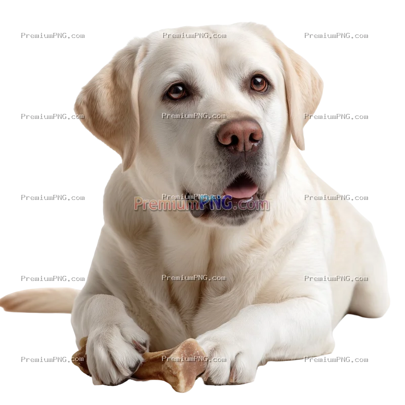 handsome Labrador Retriever lying on a clean white ground, holding a juicy bone in its paws and biti