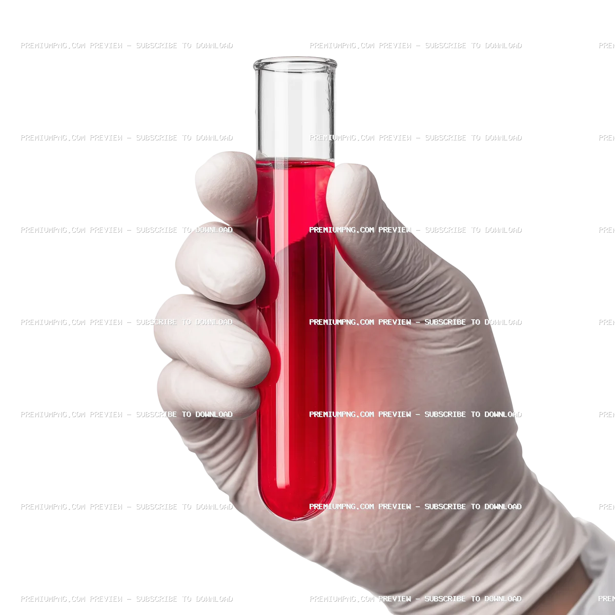 Hand holding test tube filled with vibrant red liquid on transparent background