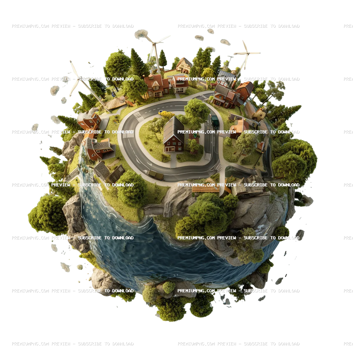 a miniature. stylized planet featuring a small town with winding roads. houses. trees