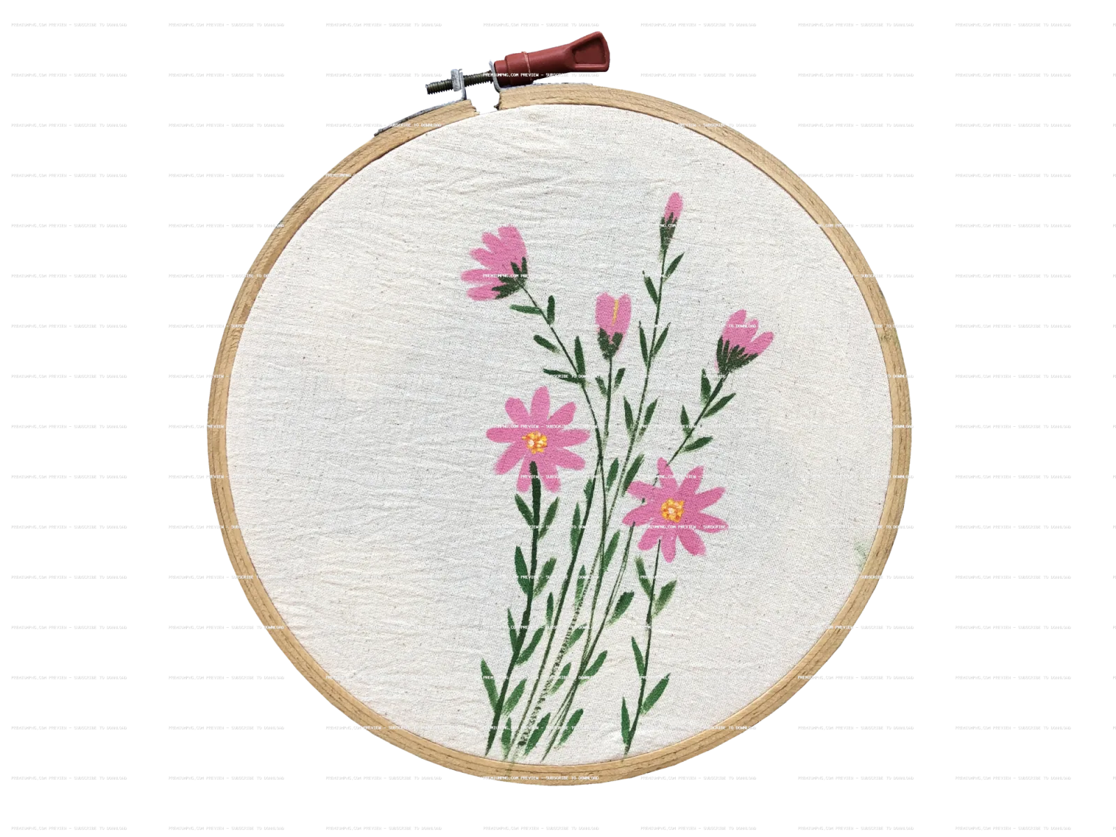 Hand-painted fabric art in a wooden hoop