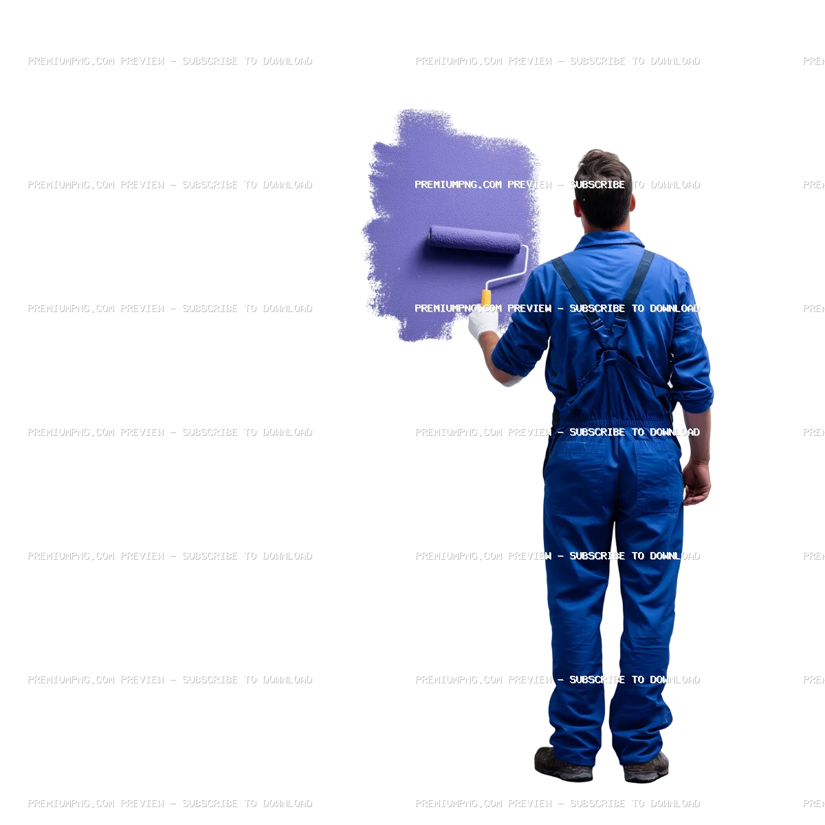 Man applying blue violet paint with roller brush