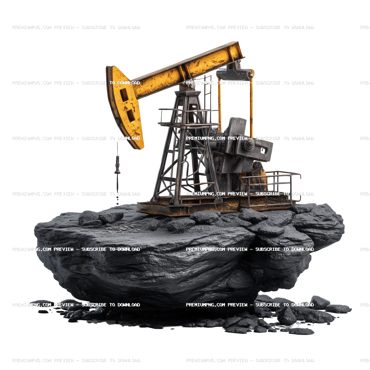 An isolated oil pumpjack extracting crude oil from the ground, set against a black coal backdrop