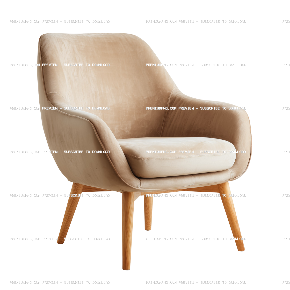 Beige velvet armchair with wooden legs isolated on white background