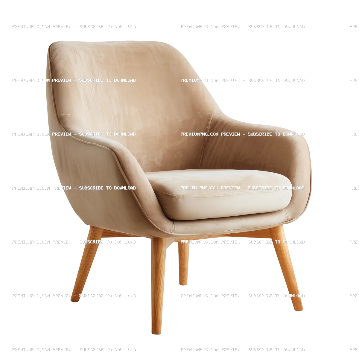 Beige velvet armchair with wooden legs isolated on white background