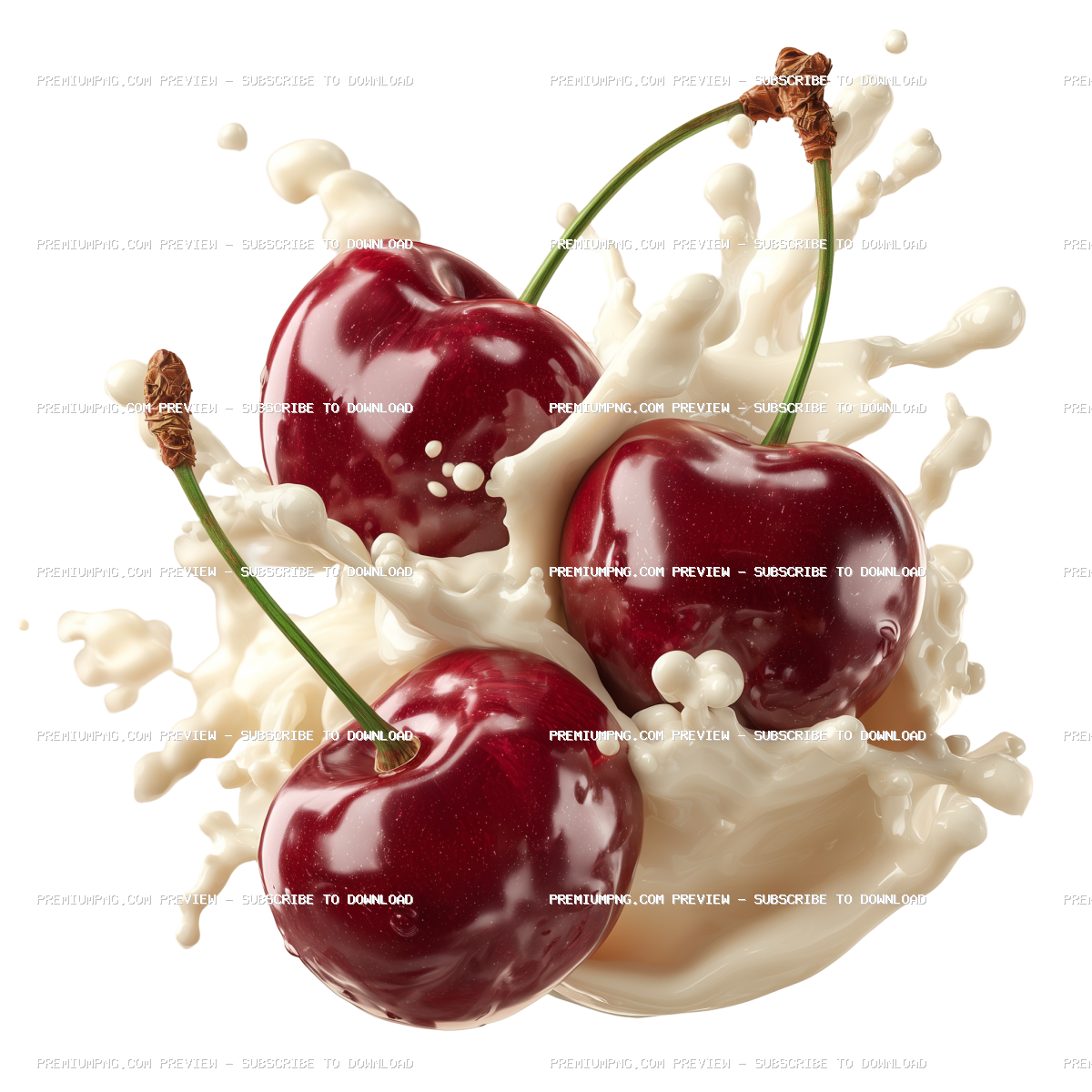 3D cherries with cream splash isolated on transparent PNG background