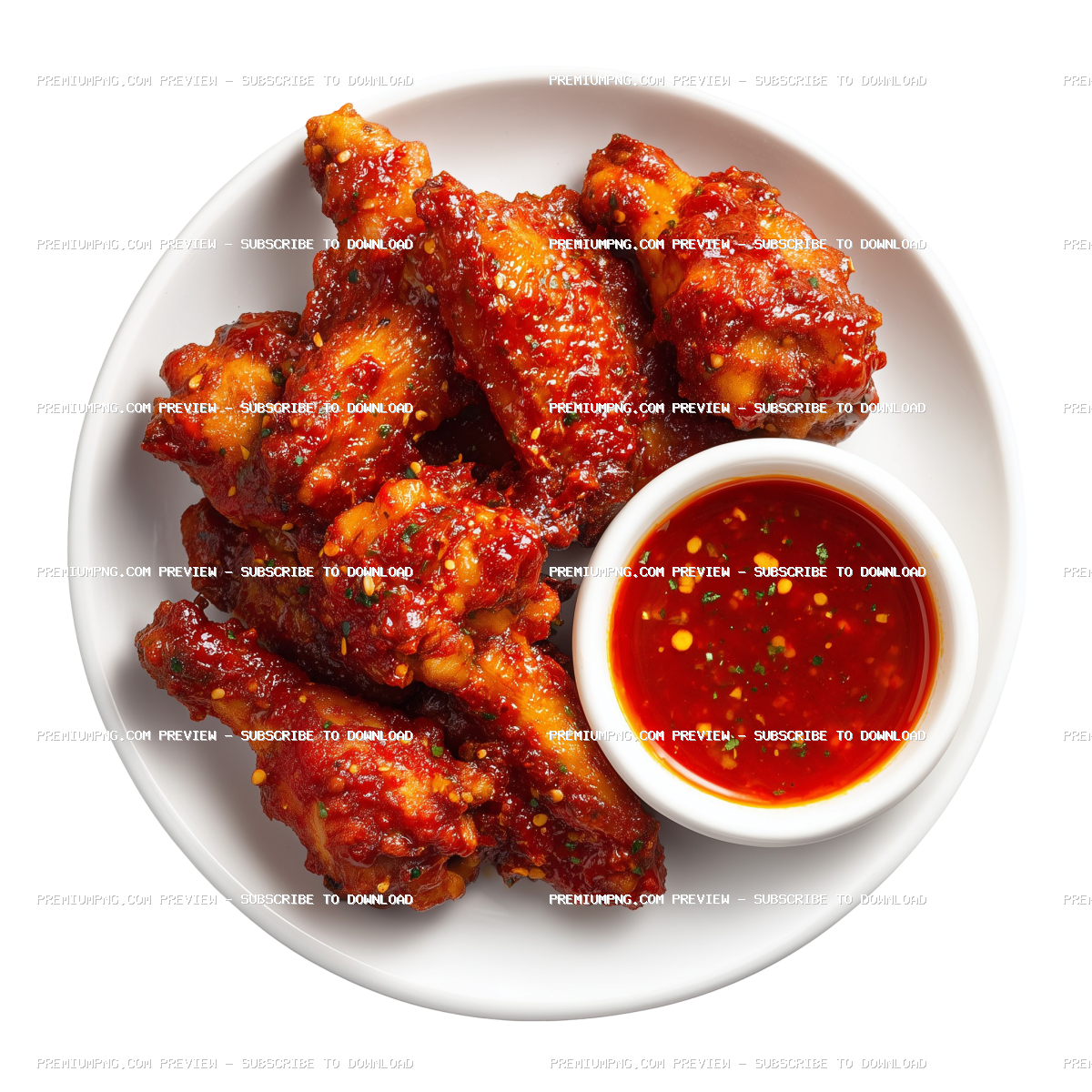 chicken wings, coated in vibrant red spicy sauce, round white plate, Top-down view