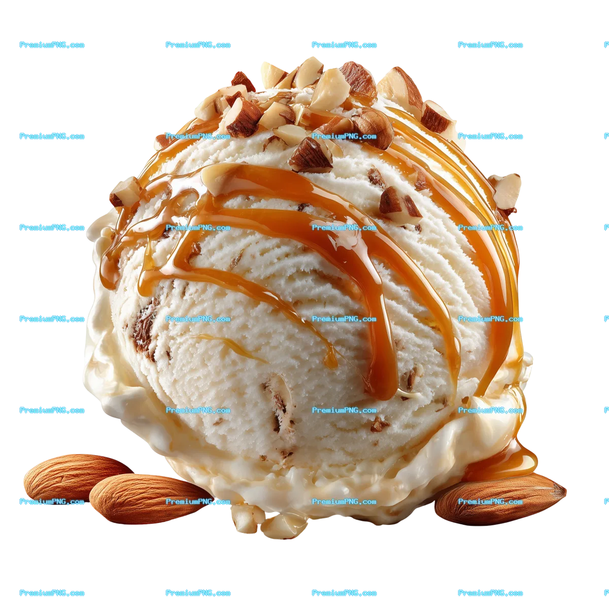 single scoop of vanilla ice cream drizzled with caramel sauce and nuts