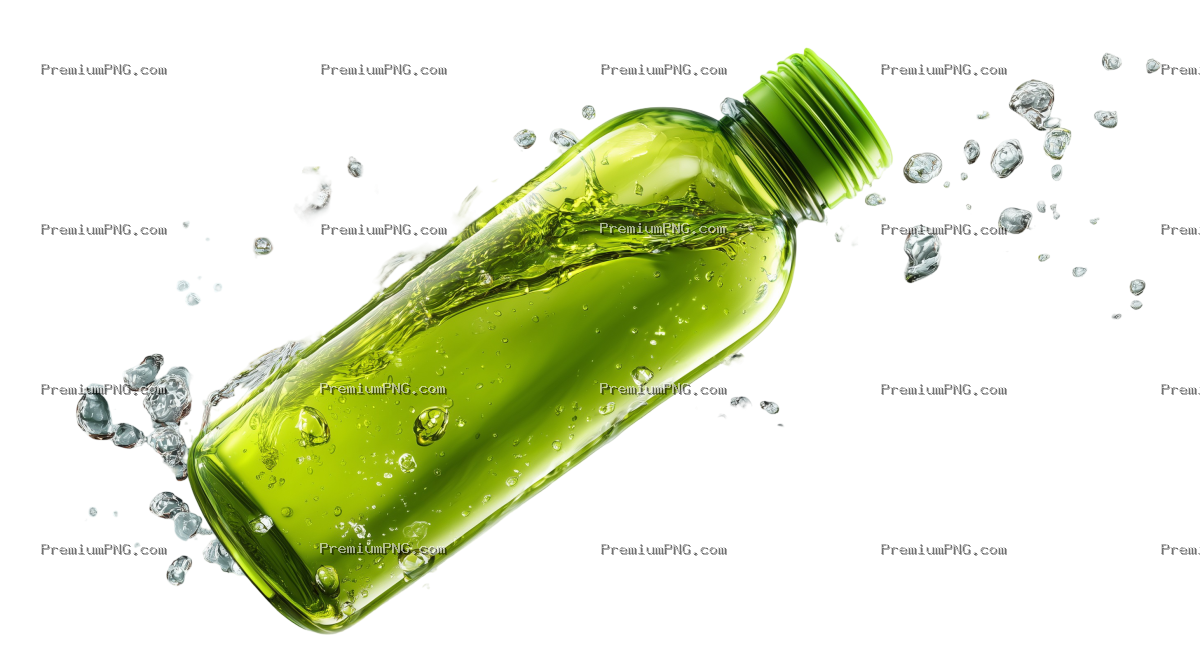High-resolution stock photo of a clear reusable plastic water flask filled with light-green tea, fea