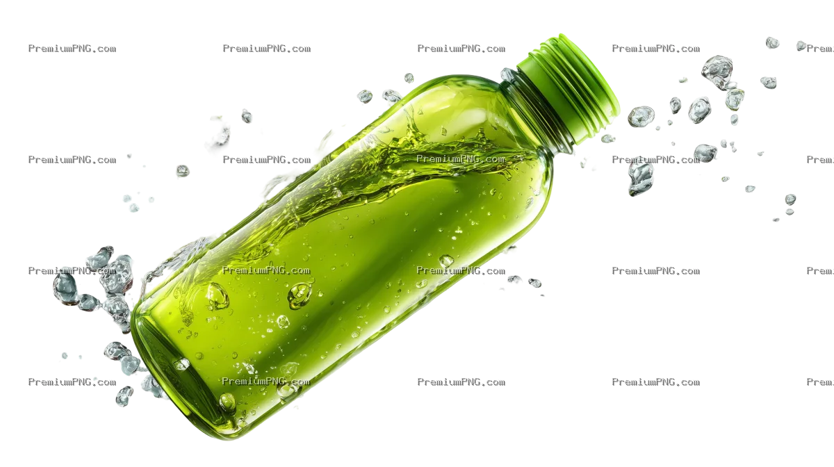 High-resolution stock photo of a clear reusable plastic water flask filled with light-green tea, fea
