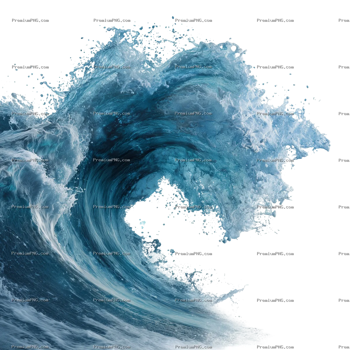 a powerful blue wave crashing against a white background. with splashes of water