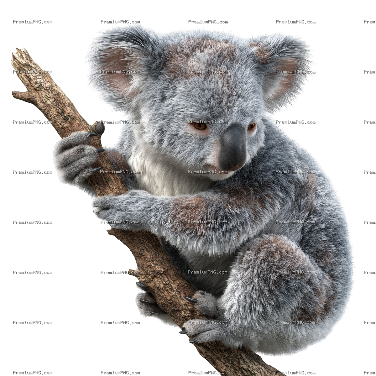 a koala, full body visible, climbing on a tree branch with its sharp claws, fluffy gray fur with det