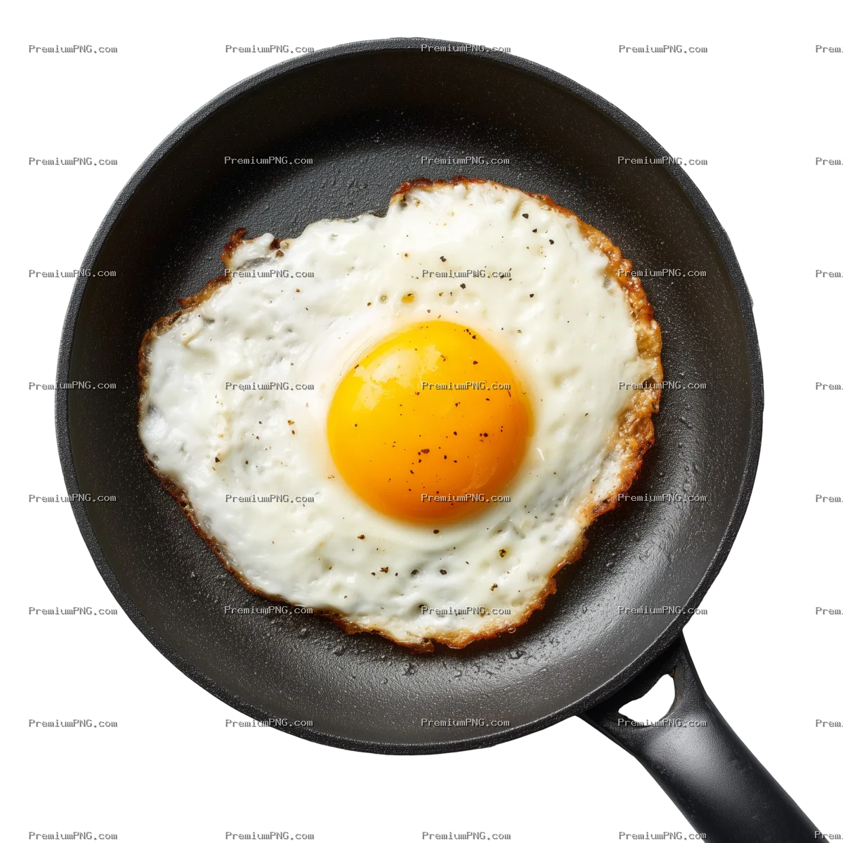 A single fried egg with a runny yolk in a dark frying pan against a white background. background rem