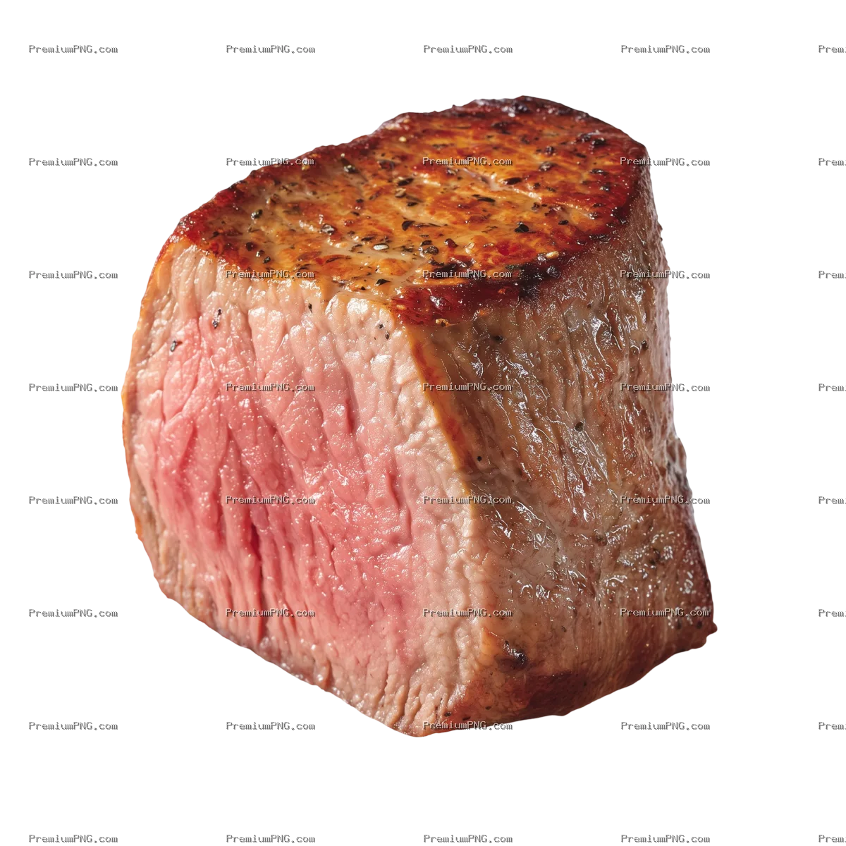 a single whole tenderloin steak, standing upright, sliced to show a wide and slightly tall cross-sec