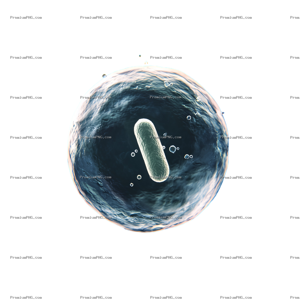 a single rod-shaped microbe freely floating inside a perfectly spherical, semi-transparent hydrogel 