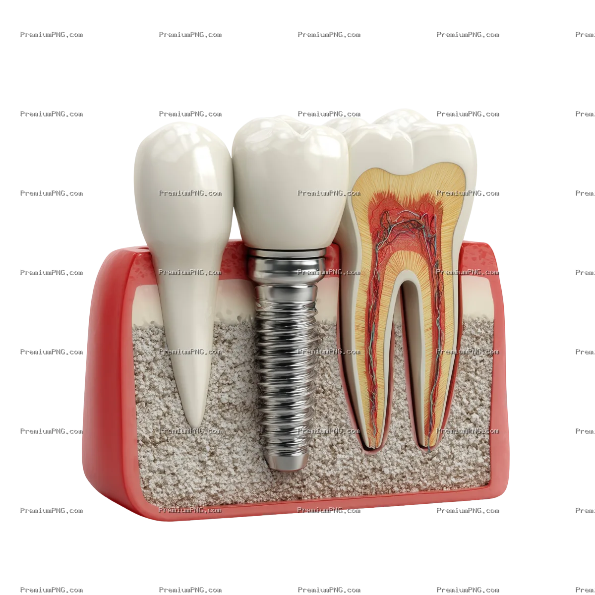 realistic 3D render of a dental implant, titanium screw and ceramic crown, cross-section view showin