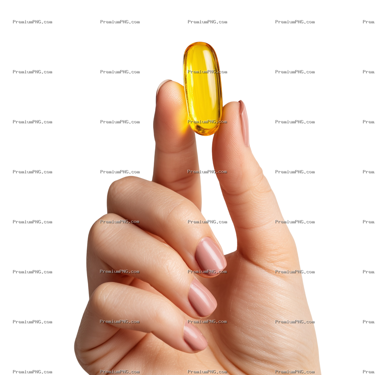 Woman Hand Holding Yellow Omega 3 Fish Oil Capsule Isolated on Transparent Background