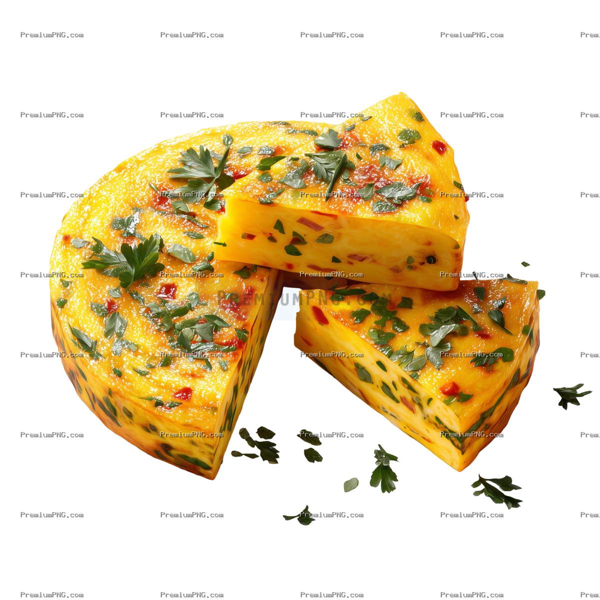 3D slices of frittata with herbs isolated on transparent PNG background