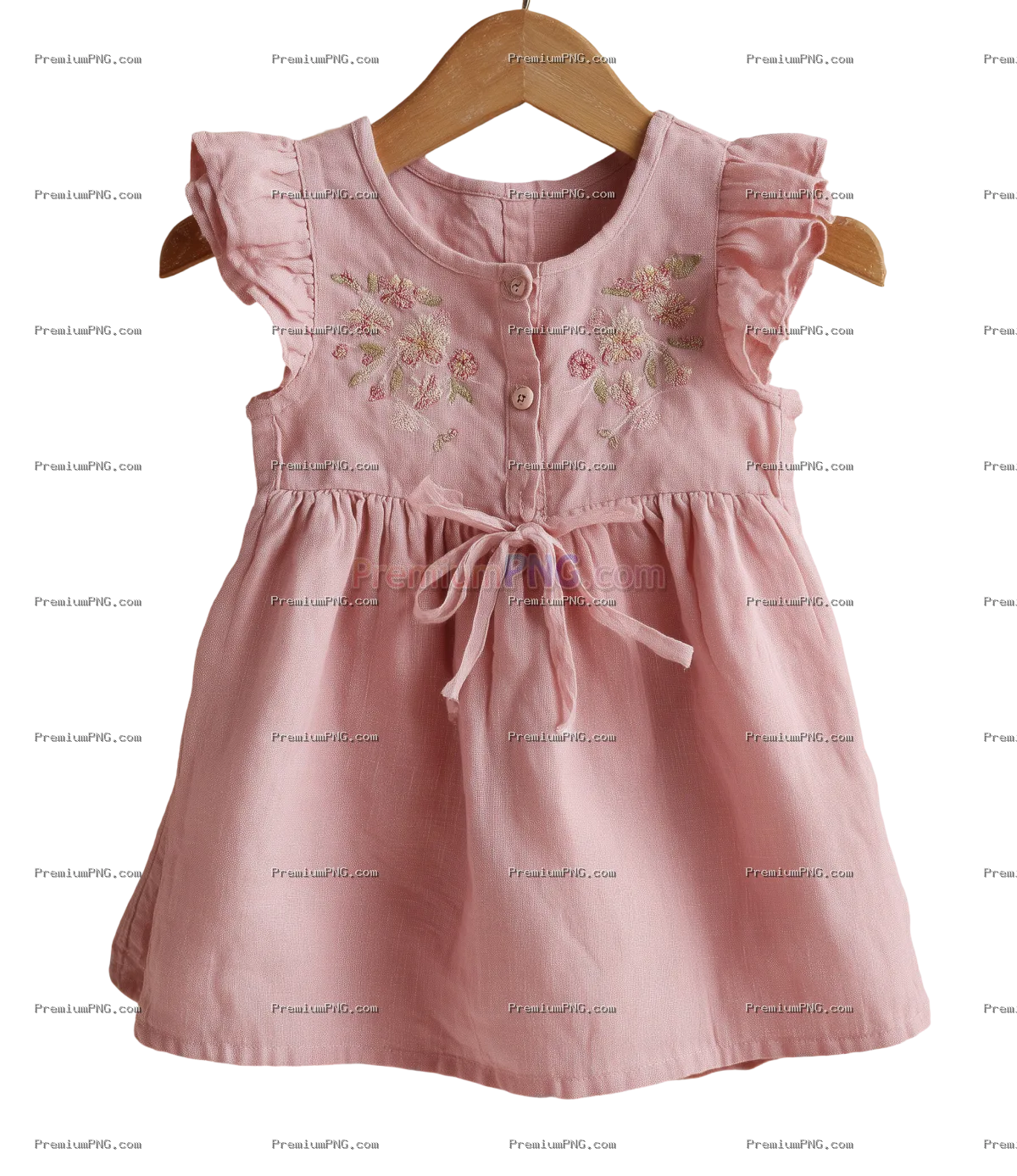 Download a high-quality stock image of a pink linen dress with delicate floral chest embroidery on a