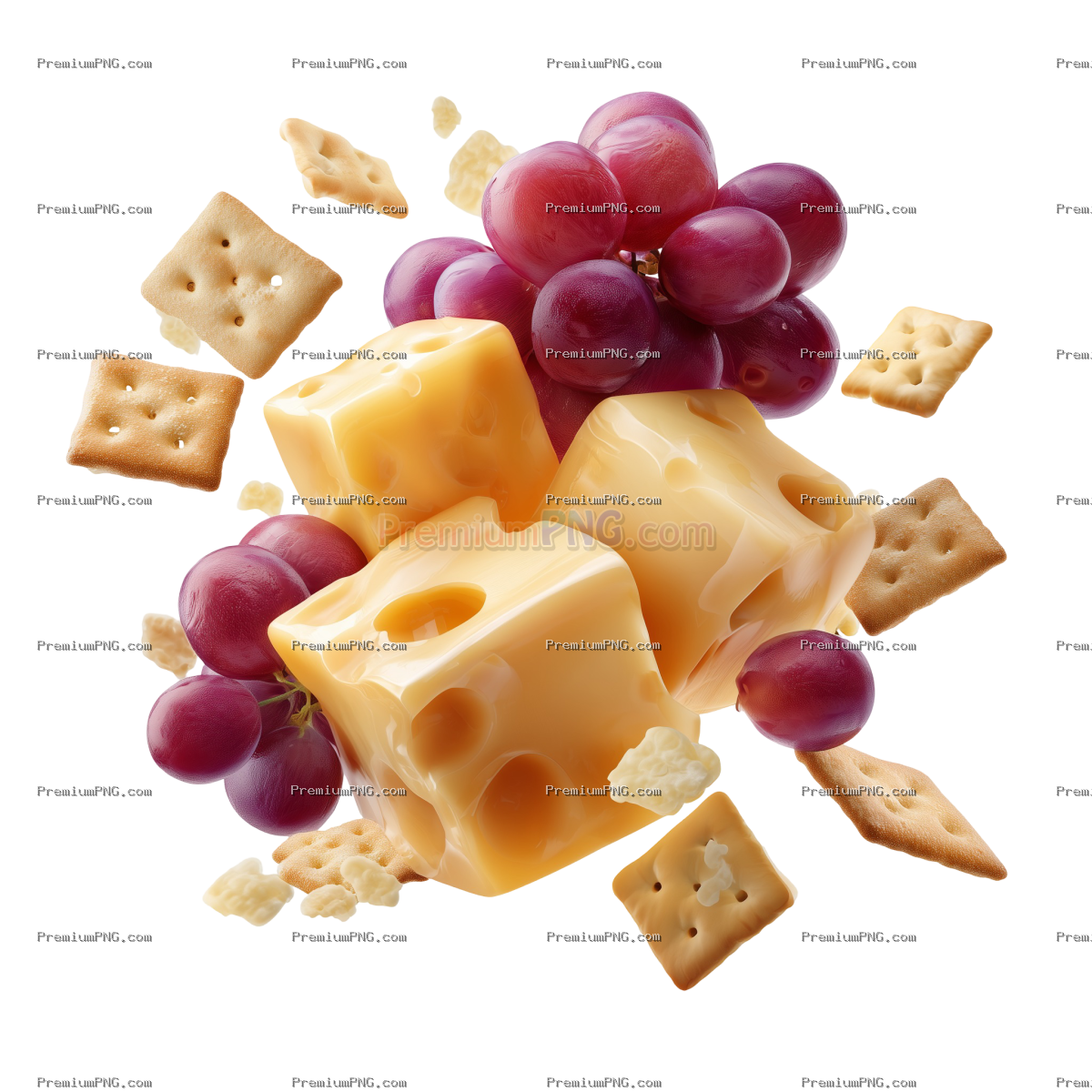 3D Cheese Cubes with Grapes & Crackers PNG – Isolated Food Illustration Asset