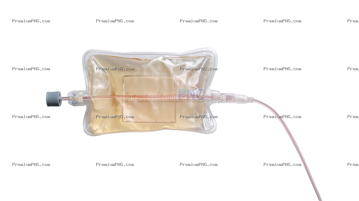 A medical intravenous (IV) bag with a connected tube