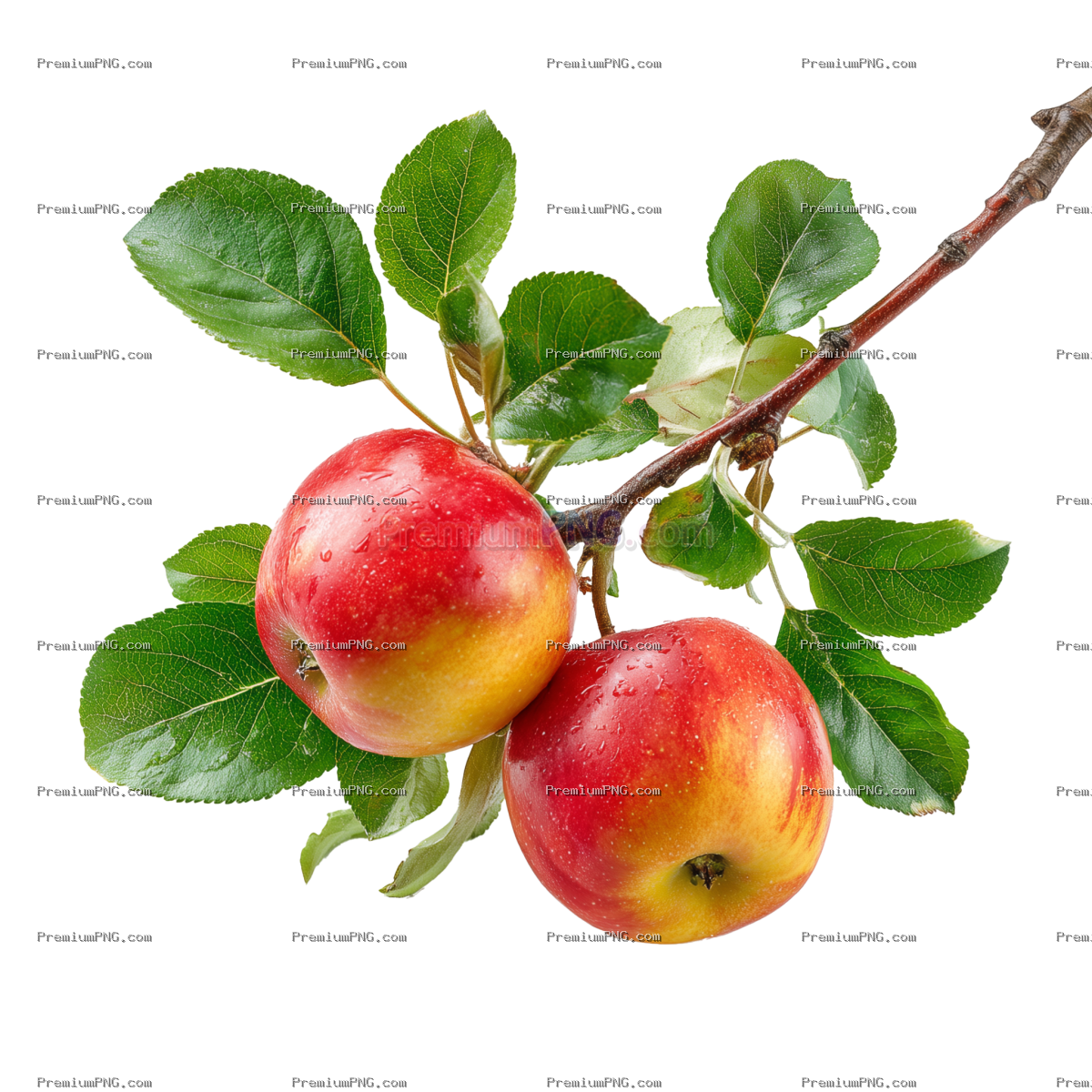 Fresh Red and Yellow Apples on Branch with Green Leaves