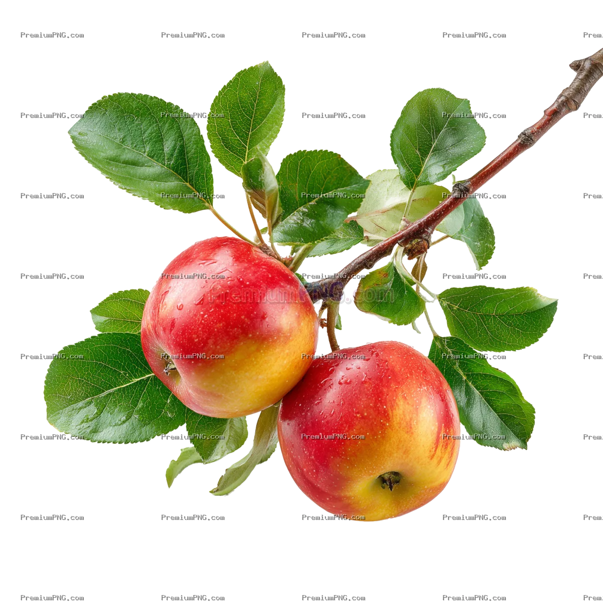 Fresh Red and Yellow Apples on Branch with Green Leaves