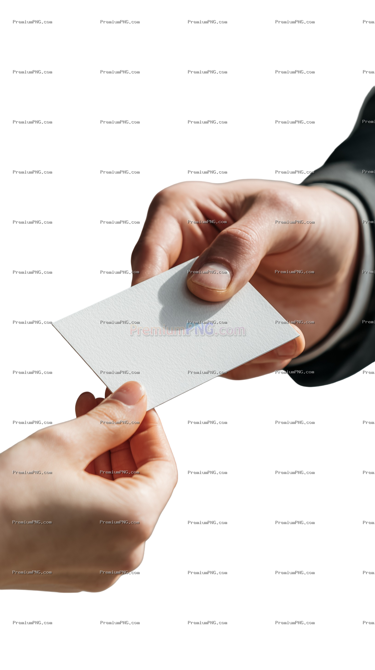 A close-up of two hands exchanging an ID card on transparent background