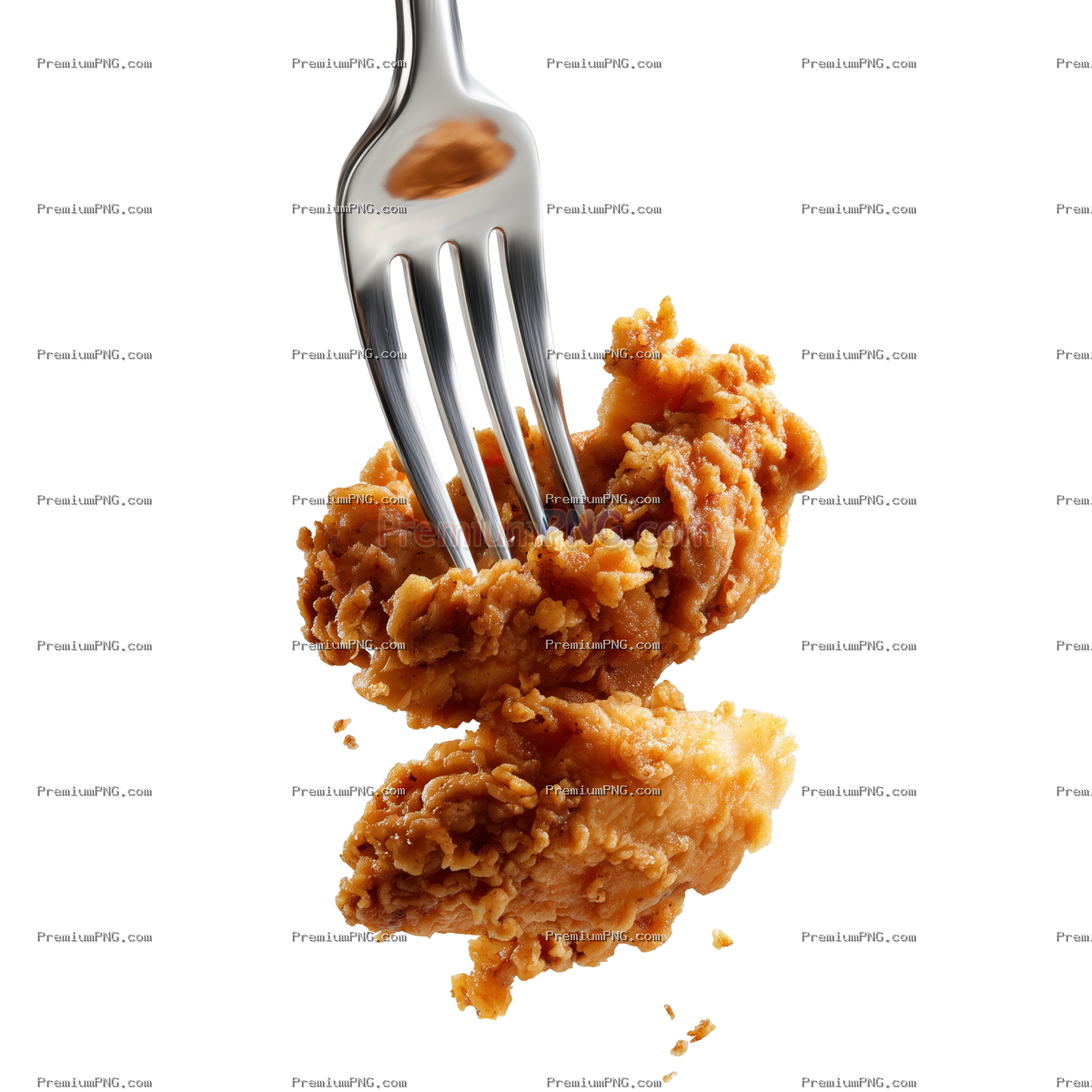 a photorealistic high contrast hard flash image of a two-pronged fork skewering through three pieces
