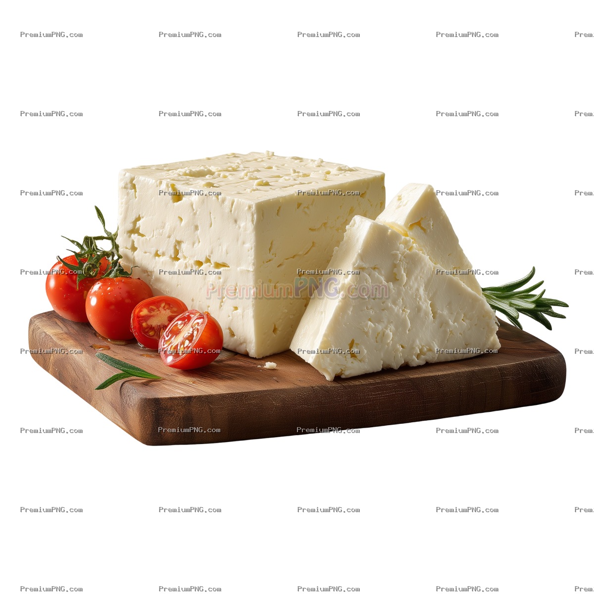 A photorealistic advertisement for Feta cheese, featuring two pieces of fior di latte cut into slice