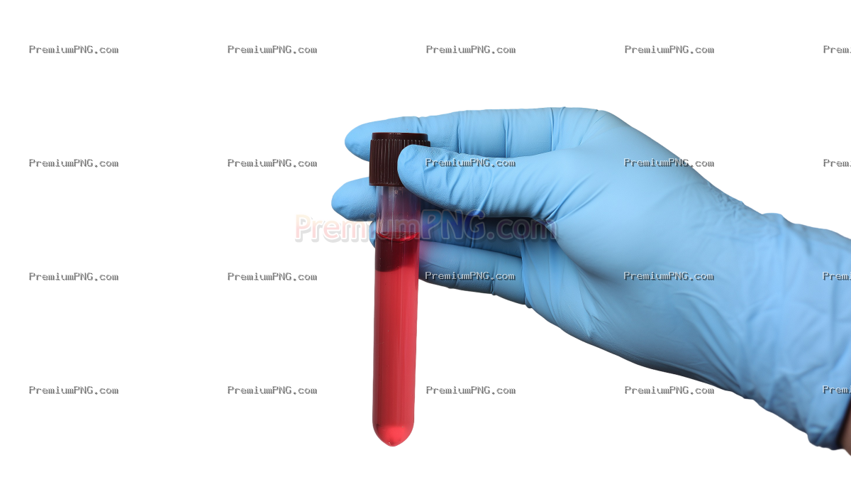 A real photo of a hand with a light blue glove holding a tube of EDTA containing red liquid