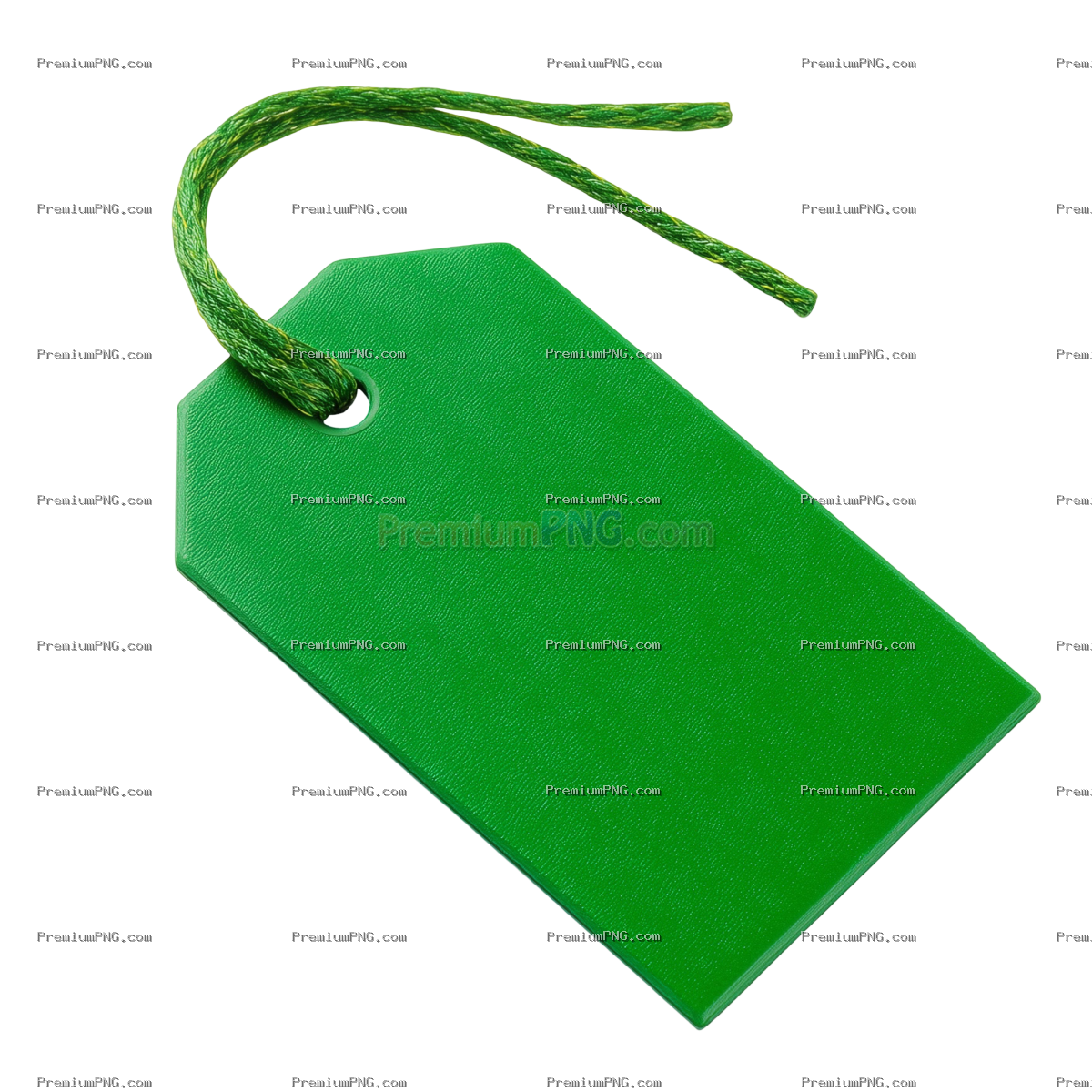 A vibrant green tag featuring a smooth surface and a secure tie, perfect for labeling items