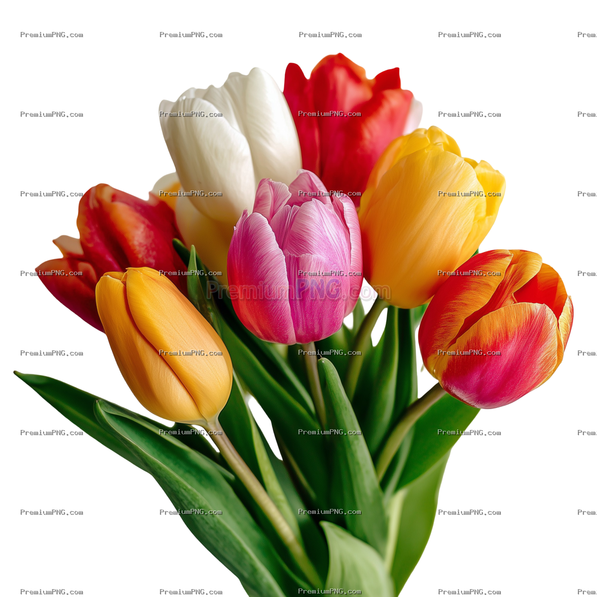 a vibrant bouquet of tulips featuring various colors including red. pink. yellow. and white. arrange